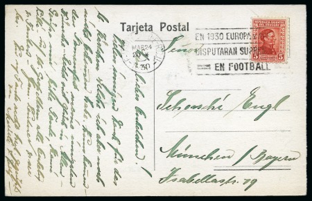 Stamp of Olympics » 1928-1932 Intervening Championships 1930 WORLD CUP: 1930 Postcard from Uruguay with "En 1930 Europa y America disputaran supremacias en Football" advertising slogan cancel