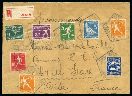 Stamp of Olympics » 1928 Amsterdam » Issued Stamps, Covers and Cancellations DURING THE GAMES: 1928 (Jun 13) Envelope with Olympic part set tied by Olympic  pentagonal ds, "Amsterdam Stadium" provisional registered label, Olympic Stadium PO Administrator hs on reverse