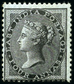 Stamp of India » 1855-1946 De La Rue and later Crown Colony Issues 1855 4a Black on blue glazed paper, mint