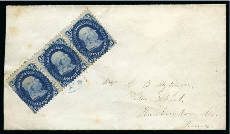 Stamp of United States » 1861-1866 issue 1861 1c dark blue, horizontal strip of three tied by