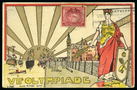 Stamp of Olympics » 1920 Antwerp 1920 Antwerp "VII OLYMPIADE" group of five different illustrated postcards by Verelst incl. the original wrapper