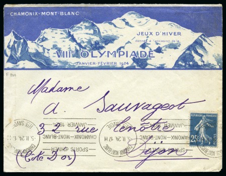 Stamp of Olympics » 1924 Chamonix DAY OF THE CLOSING CEREMONY: 1924 (Feb 5) Illustrated Olympic envelope with "SPORTS d'HIVER / CHAMONIX - MONT-BLANC / JANVIER 1924", sent on the day of the Closing Ceremony 