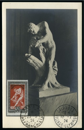 Stamp of Olympics » 1924 Paris » Covers and Cancellations 1924 Paris maxi card showing the statue of Milo of Croton franked on the picture side by Olympic 30c tied by Paris R.P / Affranchisis 23 5 24 cds on the FIRST DAY OF ISSUE