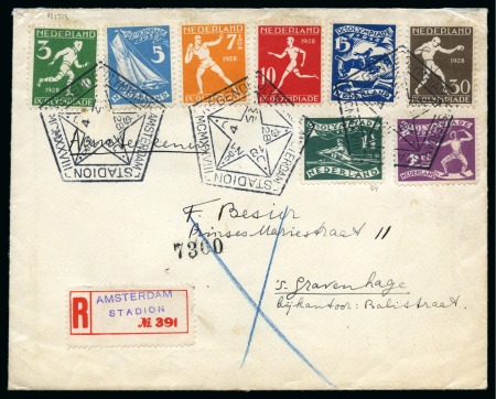 Stamp of Olympics » 1928 Amsterdam » Issued Stamps, Covers and Cancellations DURING THE GAMES: 1928 (Aug 4) Envelope sent registered with Olympics set of 8 tied by Olympic pentagonal "N1" ds