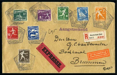 Stamp of Olympics » 1928 Amsterdam » Issued Stamps, Covers and Cancellations DURING THE GAMES: 1928 (Jun 23) Envelope sent registered and express with Olympic set of 8 tied by Olympic pentagonal "N3" ds