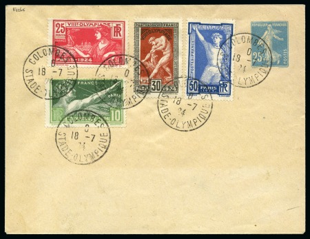 Stamp of Olympics » 1924 Paris » Covers and Cancellations DURING THE GAMES: 1924 (Jul 18) 25c Postal Stationery envelope with Olympic set of 4 tied by "COLOMBES / STADE-OLYMPIQUES" cds