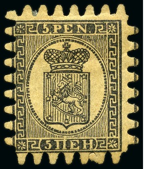 Stamp of Finland » 1860 Coat of Arms (Finnish Currency) 1866-1870 5p error of colour black on buff paper instead