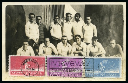 Stamp of Olympics » 1924 Paris » 1924 Olympic Issues of Other Countries 1924 Uruguay Football Champions issue & cancel group incl. the scarce mint set on yellow paper given to officials and set tied to picture postcard of the team