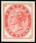 Stamp of Great Britain » 1855-1900 Surface Printed » 1880-81 Provisional Issue and 1881 1d Lilac 1879 Tender Essays group of four imperforate plate proofs for a new 1d stamp by Charles Skipper and East, in blue, scarlet, green and lilac