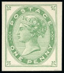Stamp of Great Britain » 1855-1900 Surface Printed » 1880-81 Provisional Issue and 1881 1d Lilac 1879 Tender Essays group of four imperforate plate proofs for a new 1d stamp by Charles Skipper and East, in blue, scarlet, green and lilac