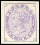 Stamp of Great Britain » 1855-1900 Surface Printed » 1880-81 Provisional Issue and 1881 1d Lilac 1879 Tender Essays group of four imperforate plate proofs for a new 1d stamp by Charles Skipper and East, in blue, scarlet, green and lilac