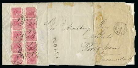 Stamp of Grenada 1894 (Oct 31) Envelope to Trinidad with 1887 1d carmine block of five tête-bêche pairs tied by "A" cds, with "TOO LATE" hs adjacent