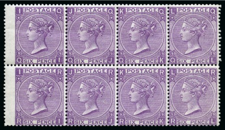 Stamp of Great Britain » 1855-1900 Surface Printed » 1867-80 Large Uncoloured Corner Letters, Wmk Spray of Rose 1867-80 6d Mauve pl.9 QI/RL mint og block of eight