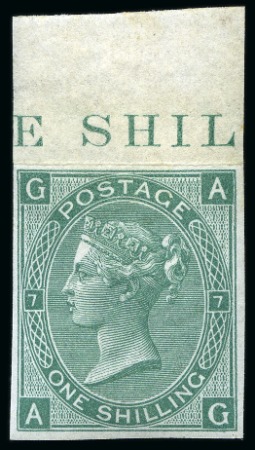 Stamp of Great Britain » 1855-1900 Surface Printed » 1867-80 Large Uncoloured Corner Letters, Wmk Spray of Rose 1867-80 1s Green pl.7 AG mint og top marginal imperforate imprimatur