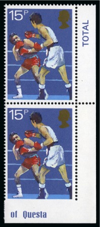 Stamp of Great Britain » Queen Elizabeth II 1980 Sports Centenaries 15p mint nh corner marginal vertical pair showing variety imperforate between stamp and bottom margin