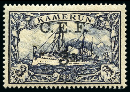 Stamp of Cameroon 1915 3s on 3m violet-black, SURCHARGE TRIPLE TWO ALBINO, mint og