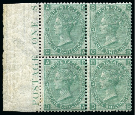 Stamp of Great Britain » 1855-1900 Surface Printed » 1867-80 Large Uncoloured Corner Letters, Wmk Spray of Rose 1867-80 Wmk Spray 1s green pl.4 CA/DB mint large part og left hand marginal block of four