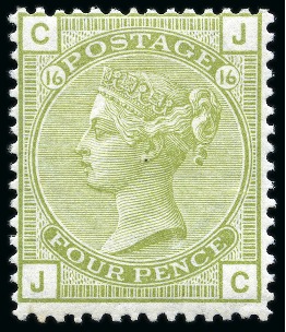 Stamp of Great Britain » 1855-1900 Surface Printed » 1873-80 Large Coloured Corner Letters 1873-80 4d Sage-Green pl.16 JC mint nh, wonderful colour and gum