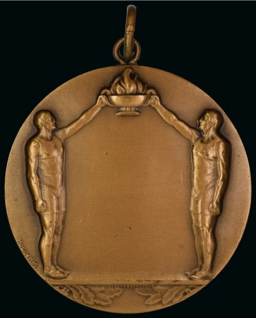 Stamp of Olympics » 1940-1944 Intervening Championships 1940ca. Bronze medal by Huguenin, 40mm, depicting two athletes holding up a flame, blank reverse