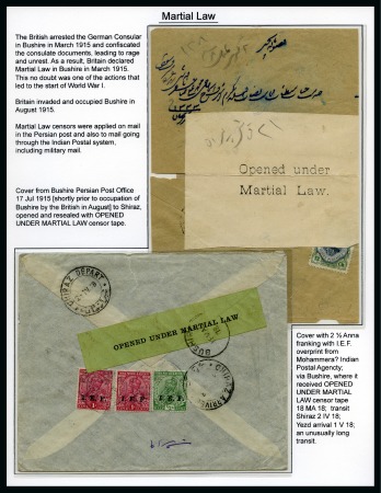 Stamp of Persia » Censored Mail 1915 Martial Law Bushire Persia an album page nicely written up with two covers
