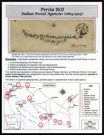 Stamp of Persia » Indian Postal Agencies in Persia 1857 Field Force Persia, an album page with stampless cover with fine strike of the rare "FIELD FORCE PERSIA" circular datestamp
