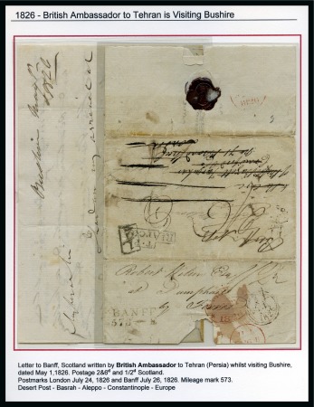 Stamp of Persia » Postal History 1826 British Ambassador Tehran, an album page displaying an entire with letter written by British Ambassador of Tehran whilst visiting Bushire