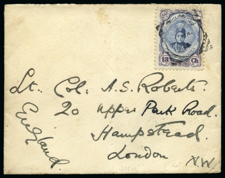 Stamp of Persia » 1909-1925 Sultan Ahmed Miza Shah (SG 320-601) 1912 Persia First Portrait Issue Ahmed Shah British Military mail to London envelope franked with Persia 13ch blue and violet tied by "JASK IPO"