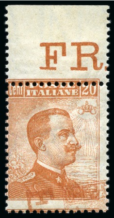 Stamp of Italy 1917, 20 c. arancio, decalco di parte della stampa e del testo marginale in basso