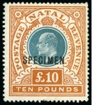Stamp of South Africa » Natal 1902-09, Small group incl. 1902 SPECIMEN 10s, £5 and £10, and normal 1908-09 £1 purple & black