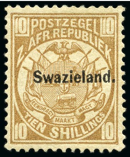 Stamp of Swaziland 1889-90 10s yellow-brown "official reprint" with stop after "Swazieland", mint og