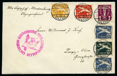 Stamp of Olympics » 1936 Berlin » 1936 Hindenburg Olympic Flight DANZIG: 1936 Zeppelin Olympic Flight card with Danzig airmail issue franking tied by "DANZIG / OLIVA" cds