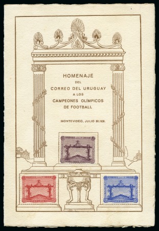 Stamp of Olympics » 1928 Amsterdam » 1928 Olympic Issues of Other Countries URUGUAY: 1928 Olympic Football Champions set of three affixed in a Postal Administration folder