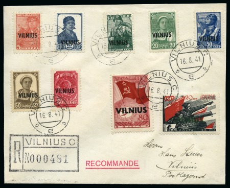 Stamp of Lithuania GERMAN OCCUPATION: 1941 (Aug 16) Envelope addressed locally (unsent) with "VILNIUS" overprint set of 9 