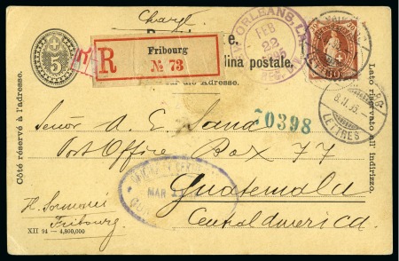 Stamp of Switzerland / Schweiz » Ganzsachen » Postkarten 1895, 5 Rp. Ganzsache mit Zusatzfrankatur nach Guatemala adressiert