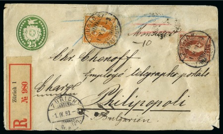 Stamp of Switzerland / Schweiz » Ganzsachen » Briefumschläge 1893, 25 Rp. Ganzsache mit Zusatzfrankatur eingeschrieben nach Bulgarien adressiert