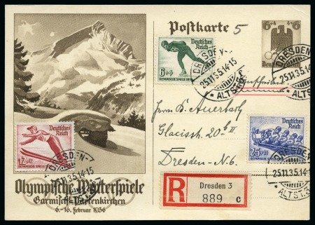Stamp of Olympics » 1936 Garmisch-Partenkirchen 1936 Garmisch 6+4pf postal stationery card uprated with the Winter Olympics set of 3 tied by FIRST DAY OF ISSUE Dresden 25.11.35 cds