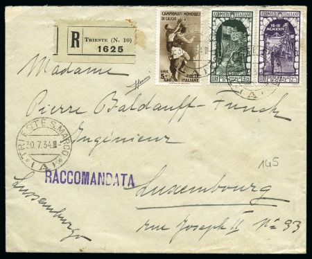 Stamp of Thematics » Sport and Games » Football 1934 World Cup 5L+2L50 on cover sent registered from Trieste to Luxembourg