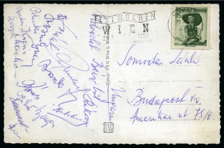 Stamp of Thematics » Sport and Games » Football 1954 Postcard mailed from Vienna on April 17, 1954 with the signatures of the Budapest Honved FC team players (Puskas, Kocsis, Czibor, Boszik, Lorant etc.)