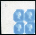 Stamp of Great Britain » Line Engraved Essays, Plate Proofs, Colour Trials and Reprints 1840 1d Rainbow trial, state 3, in deep blue on stout white wove paper in top right corner marginal block of four