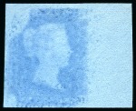 Stamp of Great Britain » Line Engraved Essays, Plate Proofs, Colour Trials and Reprints 1840 1d Rainbow Trial, state 3, left hand corner marginal example printed in deep blue on white wove paper dipped in prussiate of potash