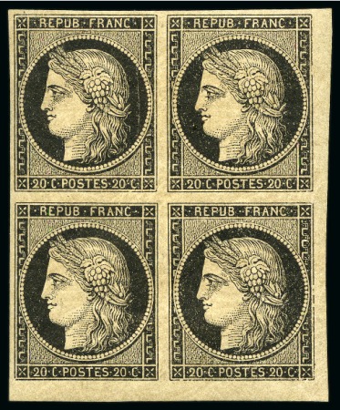 Stamp of France » Type Cérès de 1849-1850 1849, Cérès 20c noir sur jaune en bloc de 4 neuf en coin de feuille