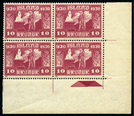 Stamp of Iceland 1930 Parliamentary set 3a to 10Kr including the 10a airmail stamp in mint nh corner marginal blocks of 4