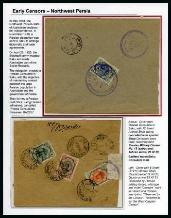 Stamp of Persia » Censored Mail 1920 Persia Censor Mail: An album page with two covers, the most significant being a cover from Persian Consulate in Baku