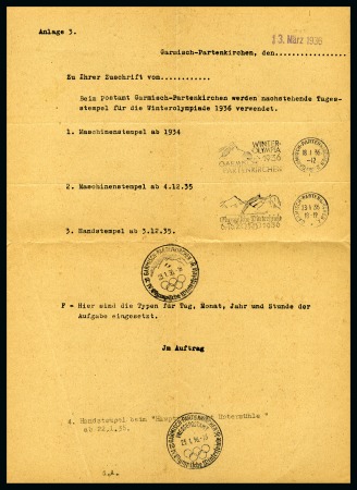 Stamp of Olympics » 1936 Garmisch-Partenkirchen 1936 Garmisch-Partenkirchen, document from the Postmaster with strikes of the different cancels, plus flyer advertising the Olympic stamps and postal stationery