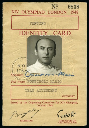 Stamp of Olympics » 1948 London 1948 London identity card for an Italian team attendant for the Fencing team