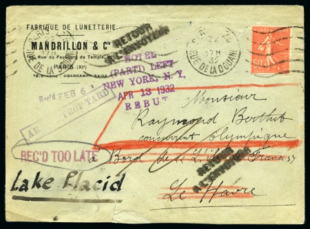 Stamp of Olympics » 1932 Lake Placid 1932 Lake Placid and LA small group of covers incl. incoming envelope from France sent to a Lake Placid participant