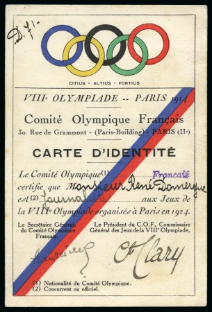 Stamp of Olympics » 1924 Paris » Memorabilia 1924 Paris official identity card issued by the French Olympic Committee for a journalist