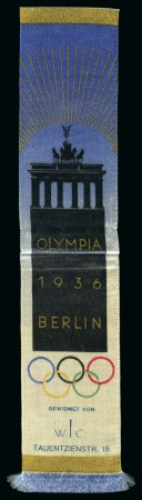 Stamp of Olympics » 1936 Berlin » Other Memorabilia 1936 Berlin silk bookmark depicting Brandenburg Gate above "OLYMPIA / 1936 / BERLIN" and the Olympic Rings