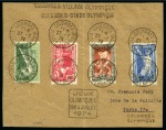 Stamp of Olympics » 1924 Paris » Covers and Cancellations DURING THE GAMES: 1924 (Jul 27) Front/parcel piece with 1924 Olympic set tied by "COLOMBES / VILLAGE-OLYMPIQUE" cds and several Olympic handstamps