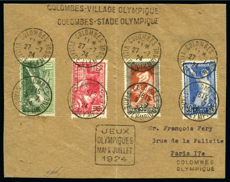 Stamp of Olympics » 1924 Paris » Covers and Cancellations DURING THE GAMES: 1924 (Jul 27) Front/parcel piece with 1924 Olympic set tied by "COLOMBES / VILLAGE-OLYMPIQUE" cds and several Olympic handstamps